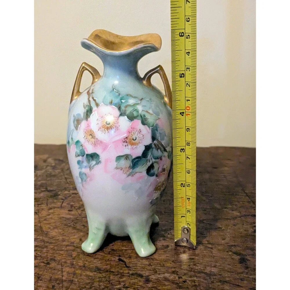 Antique Hand Painted Porcelain Footed Vase - Pink Wild Roses & Gold Gilt 6